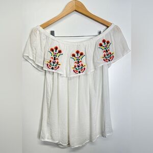 New Directions Shirt Womens Embroidered Off Shoulder Lightweight White Size Smal